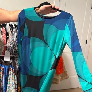 Trina Turk Green And Blue Pattern Longsleeve Dress